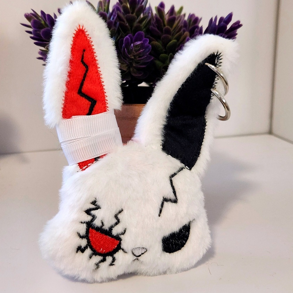 White Plush Punk Bunny Head Keychain Red Black Gothic Emo Bag Charm 5.0 inch